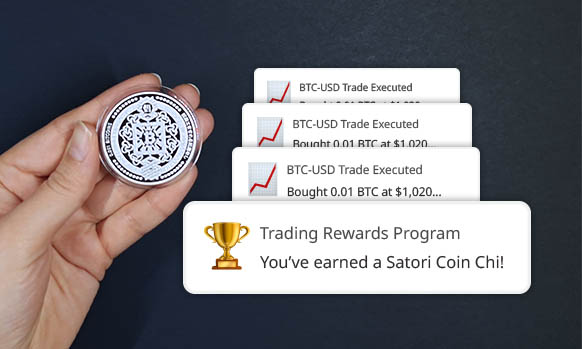 A bitcoin exchange customer getting a notification of receiving a reward and holding a Satori Coin in hand.